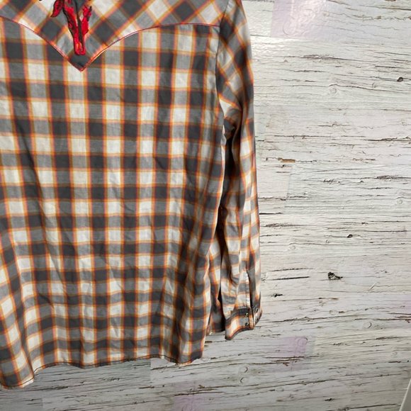 Wrangler brown red floral plaid blouse top size large western - Picture 10 of 14